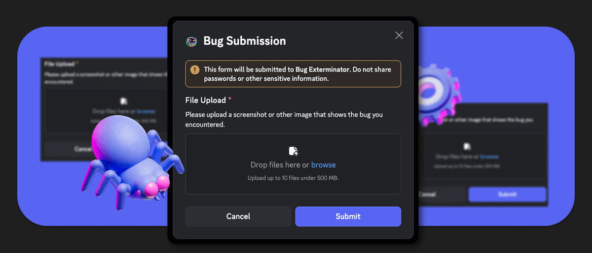 Bug submission form featuring a File Upload section within a modal.